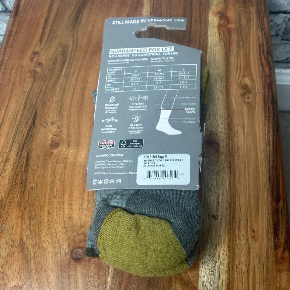 NWT Darn Tough Hiker Micro Crew Cushion Socks Size Medium (Sage) - Picture 7 of 11